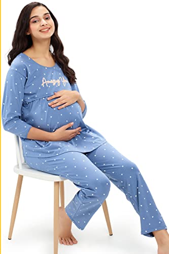 Image of ZEYO Women's Cotton Heart Printed Maternity & Feeding Night Suit Set Of Top & Pajama Set Nursing Night Dress 5629