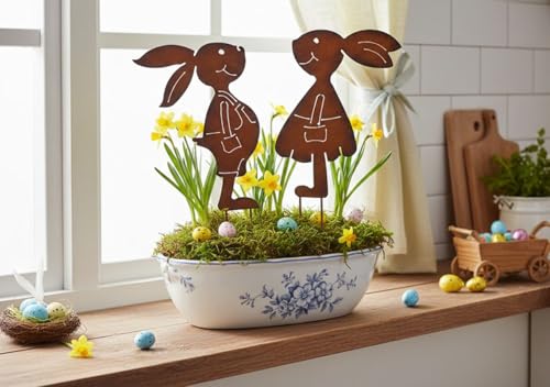 LB H&F Gartenstecker Hasenpaar Mädchen und Junge Rost Design...