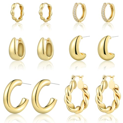 6 Pairs Gold Hoop Earrings for Women, 14K Gold Plated Chunky Huggie Hoop Earrings Set Hypoallergenic, Lightweight Twisted Open Hoops Jewelry for Christmas/Birthday Gifts.