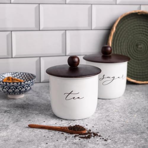 Image of Kitchen Canister Set of 4, White Metal with Wooden Lid, Tea Sugar Coffee Salt Storage Jars, 800ml, 11x15 cm | Food-Safe Jar Set for Kitchen counter top Container
