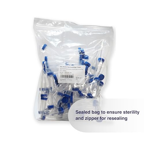 Image of Kashi Scientific 5mL Screw Cap Conical Centrifuge Tubes, Sterile Test Tubes with Blue Lids, Lab-Grade Polypropylene Plastic, Printed Graduation and Write-on Spot [5mL Screw Cap, 100]