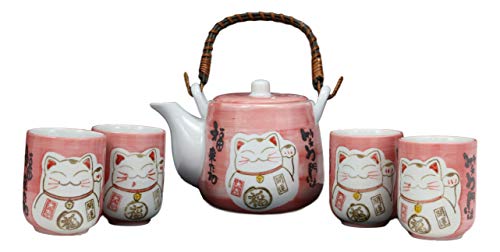 Ebros Gift Japanese Design Maneki Neko Lucky Beckoning Cat Pink 20oz Ceramic Tea Pot and Cups With Strainer Set Serves 4 Excellent Home Decor Teapots Housewarming Birthday Feline Cats Themed Gifts