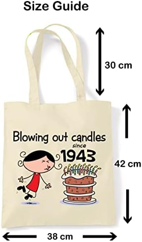 Blowing Out Candles Since 1943 80th Birthday Gift Bag - Tote Shoulder 80th Gift Bags with Long Handles for Carrying over the Shoulder - 100% Cotton - 80th Birthday Gifts for Her Special Day.