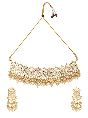 Image of Yellow Chimes Jewellery Set for Women Kundan Studded Beads Drop Choker Necklace Set with Earrings for Women and Girls