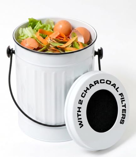Image of Plexon Countertop Compost Bin with Lid, White 1.5 Gallon Odorless Kitchen Compost Container, Steel Food Compost Bucket for Kitchen with Charcoal Filter, Compost Pail for Kitchen Countertop
