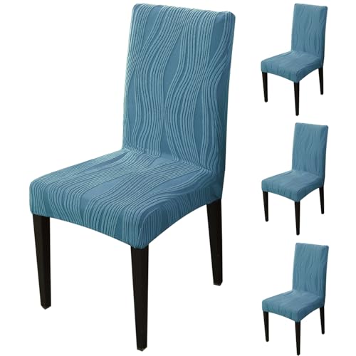Image of HOKIPO 200 GSM Stretchable Knitting Jacquard Chair Cover Set of 4,'Nestiva Series' Sea Blue (AR-6072-BL)