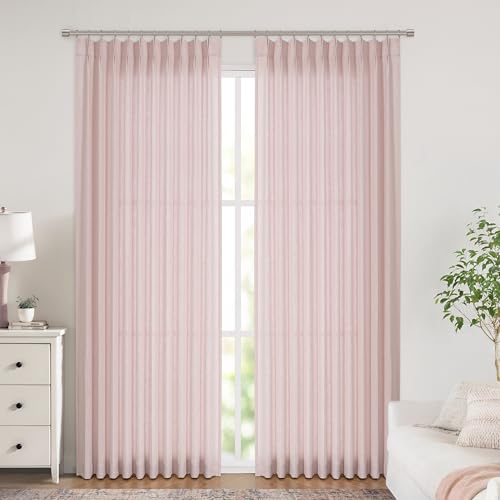 Image of Vision Home Light Pink Pinch Pleated Semi Sheer Curtains Textured Linen Blended Light Filtering Window Curtains 84 inch for Living Room Bedroom Patio Pinch Pleat Drapes with Hooks 1 Panel 60 inch Wx84 L