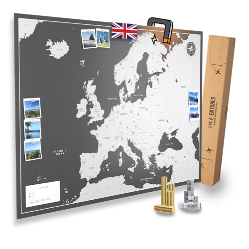 Mapa magnético da Europa incl. 2 x 15 pinos magnéticos I Marque os seus destinos de viagem I Colecione fotos e ímanes I póster magnético - XL (84 x 59 cm)