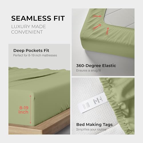 Image of THREAD SPREAD 100% Egyptian Cotton Queen Sheets Set - 1200 Series Plush Collection Luxury Egyptian Cotton Sheets Queen Size Deep Pocket (4 PC, Sage Green), Soft, Cooling, Sateen Weave Sheet Set