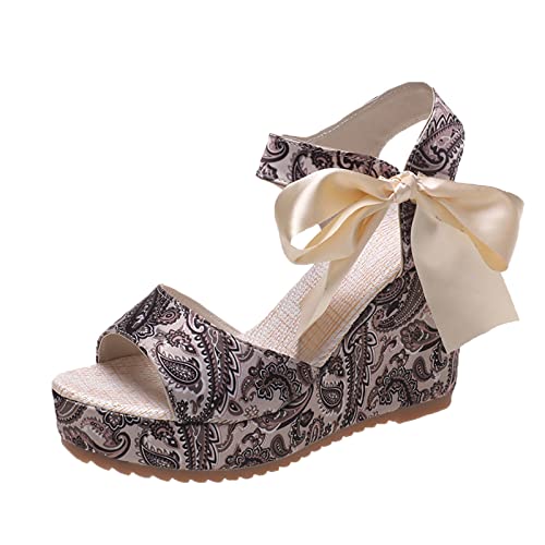 CsgrFagr Ladies Fashion Cashew Flower Fabric Face Open Toe Thick Sole Slope Heel Sandals All Women's Platform Shoes (Brown, 7.5)