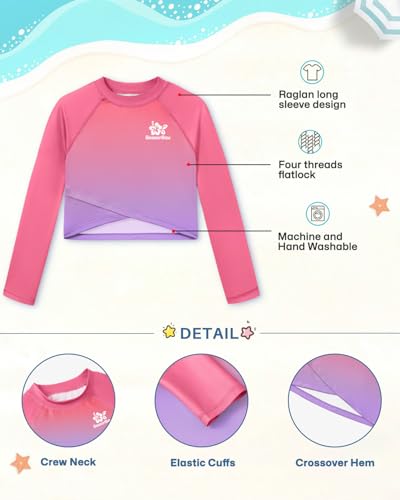 Image of BesserBay Girls Rash Guard UPF 50+ Long Sleeve Mock Neck Crossover Hem Swim Crop Top 4-14 Years