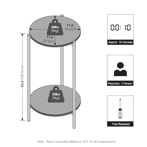 Furinno BESI Night Stand, 2-Tier Tall Round Nightstand, Metal Frame Narrow End Table with Open Shelf, Side Table, Bedside Table, for Bedroom, Closet, Dorm, Americano - image 3