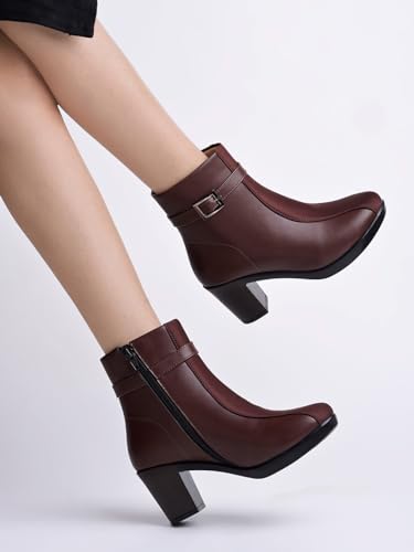 Image of Women's Faux Leather Ankle Boots with Mid Heel and Buckle Strap || Side Zipper Comfort Booties for Fall & Winter