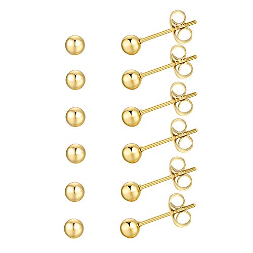 6 Pair Tiny Women 14K Gold Plated Ball Stud Earrings Surgical Stainless Steel Earrings Set, 2-6MM2
