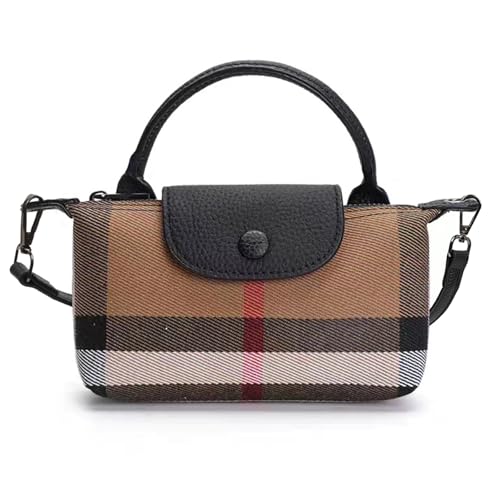 GRUMOTA Mini Plaid Canvas Handbag for Women PU Leather Top Handle Checked Bucket Hand Bag, Small Classic Khaki Crossbody Tartan Wallet Purse(Checked Black)