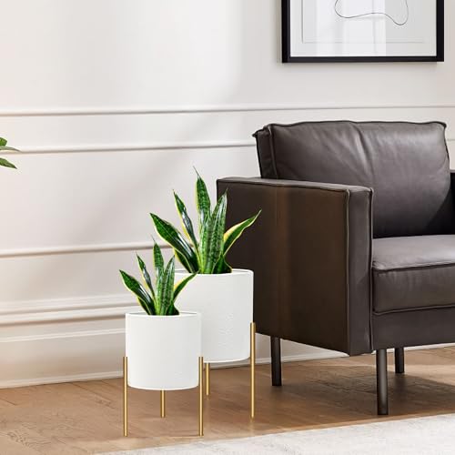 Sizes Medium and Large Color White  Planter Pots, Large Planters with Stand, Set of 2 Metal Planters for Indoor Plants with Drainage Holes for Living Room, Office, Garden or Balcony