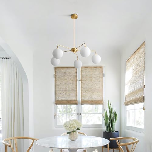 Image of 5 Light Modern Brass Chandelier Mid Century Gold Ceiling Light Fixture White Glass Globe Sputnik Chandelier for Dining Room Bedroom Kitchen