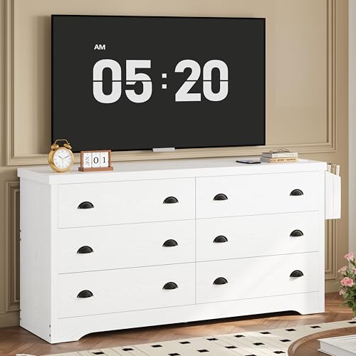 Image of LIKIMIO Dresser for Bedroom 6 Drawer with Charging Station, TV Stand Storage Chest of Drawers for Living Room Hallway Entryway, MDF Board, 59 Inches White