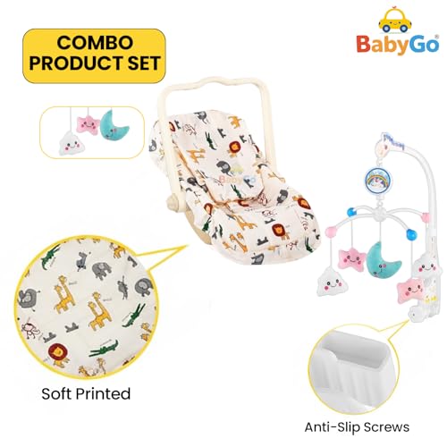 Image of BabyGo 5-in-1 Carry Cot with Rocking Chair, Safety Belt & Canopy + Rotating Stars Musical Crib Mobile |Newborn Soothing Jhoomer, Rattle Hanging Toy for Cradle & Infant Bed (Combo Pack)
