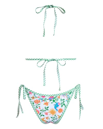 Image of Women's Triangle Bikini Set String Swimsuit Print Tie Smocked Ruched Two Piece Bathing Suit