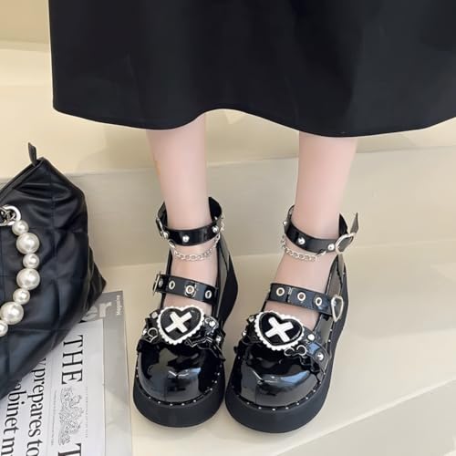 Y2K Grunge Gothic Kawaii Lolita Round Toe Platform Heels White Lace Heart Rivet Decor Mary Jane Shoes4