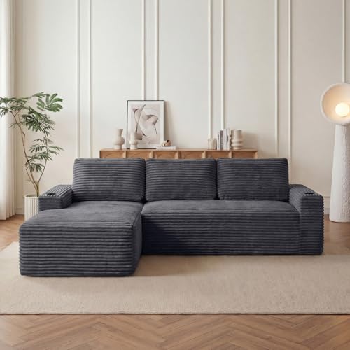 Image of 104 inch L Shaped Boneless Sectional Couches for Living Room, Comfy Corduroy Floor Cloud Sofa with Chaise and Cup Holder, Wide Armrest, Deep Seat, Assembly Free, Ideal for Small Spaces, Grey