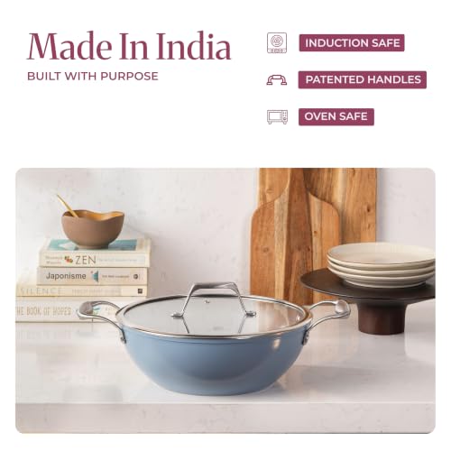 Image of Asai Ceramic Non Stick Kadai 24cm (2.5L) with Glass Lid & Silicone Spatula | Blue | Swiss Ceramic Coating | Gas & Induction Compatible | Stay-Cool Handles | Lab-Tested | 100% Toxin Free