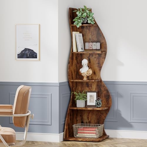Image of Tribesigns Corner Shelf, Rustic 5-Tier Wall Corner Bookshelf, Stylish Corner Small Bookcase Storage Rack Plant Stand with Unique Shape for Living Room, Home Office (2PCS, Brown)