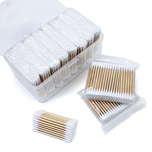 Image of Bcowos 3 inch Bamboo Cotton Swabs With Storage Case, Double Tips, 1000 Count | Cotton Swabs with Wooden Sticks, Soft Cotton Tip Applicators for Ear Care, Makeup, Nail Art, Household Cleaning, Crafts