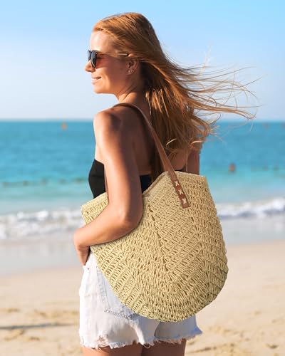 Image of Beach Bags for Women - Straw Bag with Zipper, Soft Woven beach bag, Casual Straw Shoulder Bag for Daily Use