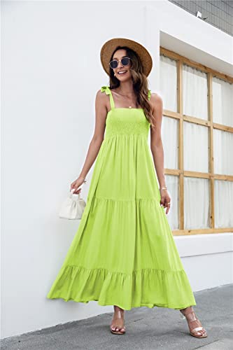 Image of kinstell Women's Summer Boho Spaghetti Strap Square Neck Ruffle Casual Flowy Long Dress Beach Swing Party Maxi Dress