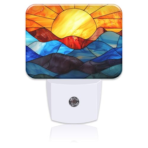 Image of Stained Glass Sunset Night Light Plug into Wall, Colorful Glass Mountains Night Light with Dusk to Dawn Sensor for Kid Girls Boys Women Men Room, Hallway, Kitchen, Bathroom, Stairs Decor