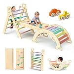 BlueWood Pikler Triangle Set 7-in-1 Foldable Baby Climbing Wooden Toys with Arch&Ramp&Ladder Climber Indoor Jungle Gyms for Toddlers - Rainbow