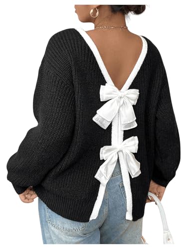 MakeMeChic Women's Plus Size Bow Fall Sweater Backless Chunky Pullover Top
