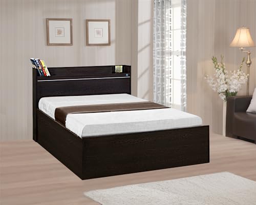 Image of DELITE KOM | 1 Year Warranty | Single Bed, Plum Engineered Wood Bed with Box Storage & with Headboard Shelf Storage, Wooden Bed (83x37 Inches) | Installation Included | Color - Flowery Wenge