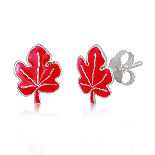 WithLoveSilver 925 Sterling Silver Cute Enamel Red Maple Leaf Canada Stud Earrings