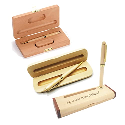 Bolígrafo de madera con caja a juego, tinta azul. Personalizado. Regalo Comunión, Boda, Testigo, Padrino, Papá. Grabado láser. realizado en España Cover
