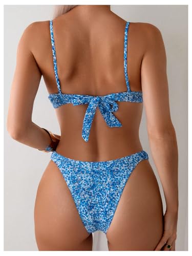 SweatyRocks Women's Bathing Suits Floral Print Tie Knot Front Bikini Set High Cut Swimsuits2