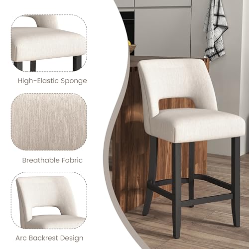 Image of VKNOW Bar Stools Set of 6, 26 inch Upholstered Counter Height Bar Stools | Modern Counter Stools with Black Rubberwood Legs for Kitchen Island Dining Room Bar, Beige-Black Legs