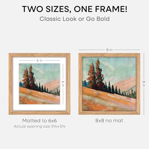 Image of Homeforia 8x8 Natural Oak Picture Frame, High-End Wood, 6x6 Mat, Glass | High End Solid Oak Wood, Tempered Glass, Acid-Free 6x6 Removable Mat, 8x8 Edge-to-Edge Display 8x8, Wall Kit, Set Of 1
