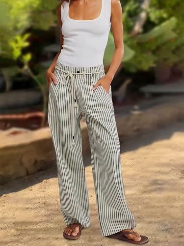 Flamingals Straight Leg Jeans for Women Trendy Mid Rise Striped Drawstring Pleated Casual Pants2