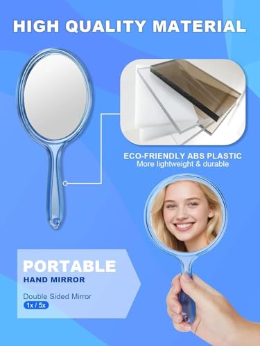 Image of Transparent Double‑Sided Hand Mirror 1X /5X Magnification - 5‑inch Round Acrylic Mirror with Handle & Hanging Hole - Lightweight Portable Makeup & Grooming Tool (Blue)