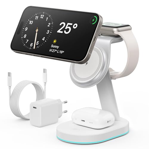 3 en 1 Estacion de Carga Inalámbrica, Certificación Qi2 15W mag-Safe Cargador Inalambrico Rápida con 30W Adaptador USB C&Luz Soporte de Carga de Viaje para iPhone 16/15/14, Apple Watch AirPods-Blanco