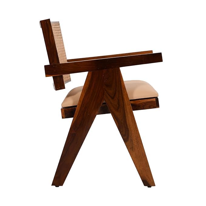 Image of Furniture Sheesham Wooden Arm Chair with Cushion and Cane Back Support Chair Living Room Bedroom Home Wooden Armchair Furniture Garden Balcony Outdoor & Indoor (Honey Finish Set of-2)