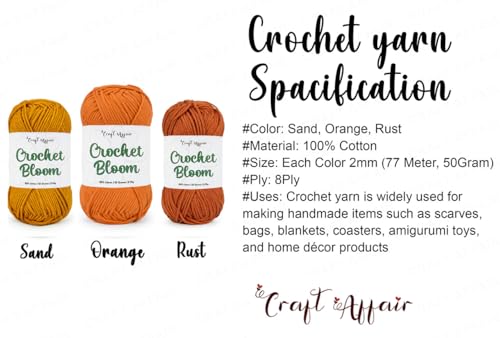 Image of Craft Affair | Crochet Bloom Cotton Yarn 8ply (Each Color 2mm, 77Meter, 50Gram) 100% Pure Cotton | for Knitting Yarn | Home Decor, Craft & DIY Project: Sand, Orange, Rust