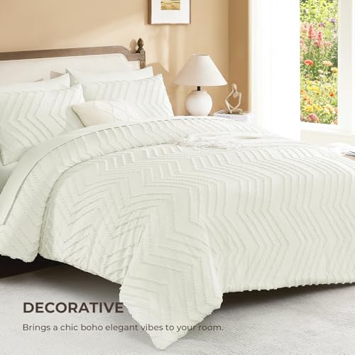 Image of Litanika Ivory Queen Size Comforter Set with Sheets - 7 Pieces Bed in a Bag Queen Boho Tufted Complete Bedding Sets with Comforter, Sheets, Pillowcases & Shams