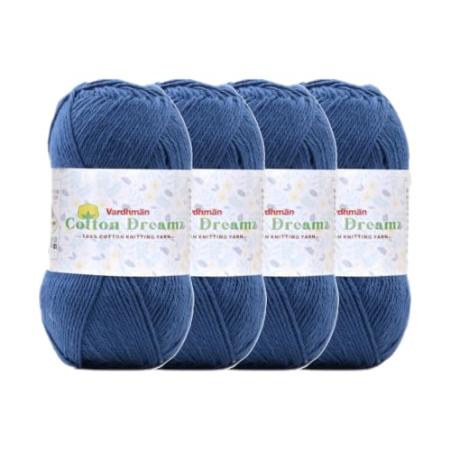 Image of Vardhman 100% Cotton Dreamz Light Weight Natural Thin Yarn | Pack-4 100g | Knitting & Crochet Projects | Soft Natural Yarn | Ideal for Garments, Summer Wear & Accessories | Denim Blue, CJD009 P4