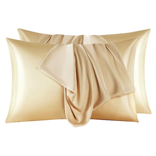2 Pack Mulberry Silk Pillow Cases Standard Size with Hidden Zipper, Ultra Smooth and Soft Breathable Cooling Silk Satin Pillowcase for Hair and Skin, Gifts for Women Men(Champagne Gold,Standard) - image 1