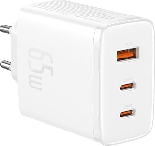 Baseus Cube Pro 65W GaN Fast Travel Charger – 3-Port (2X USB-C + 1x USB-A), Compact Quick Charge Adapter, White – EU Plug