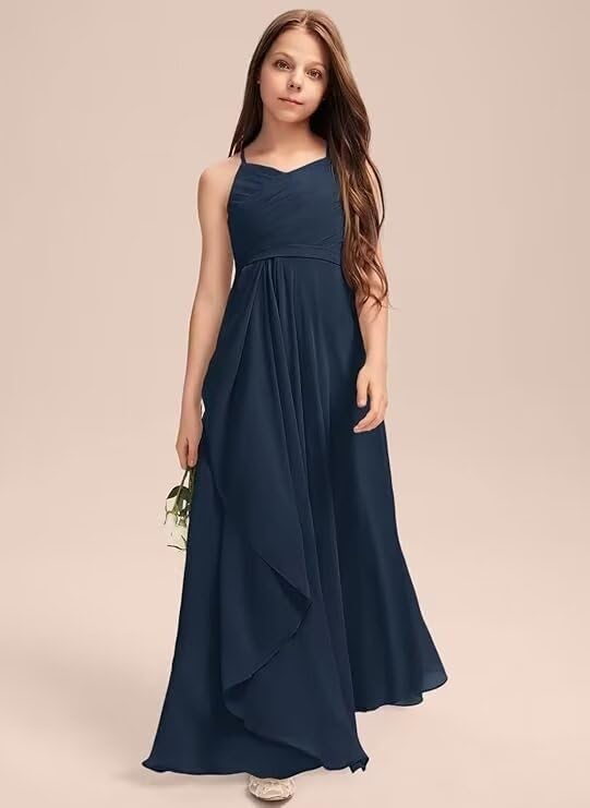 Girls A-Line Halter Dress Junior Bridesmaid Dress Flower Girl Flowy Chiffon Maxi Dresses Wedding Party Pageant Gown2